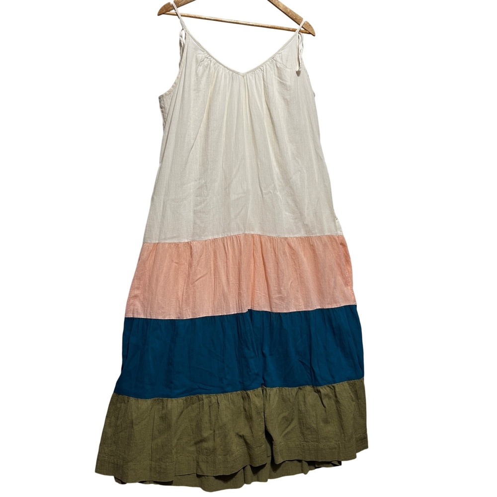 Old Navy Women Boho Cottage Maxi Dress L Ivory Colorblock Tiered Resort Festival - Picture 2 of 11